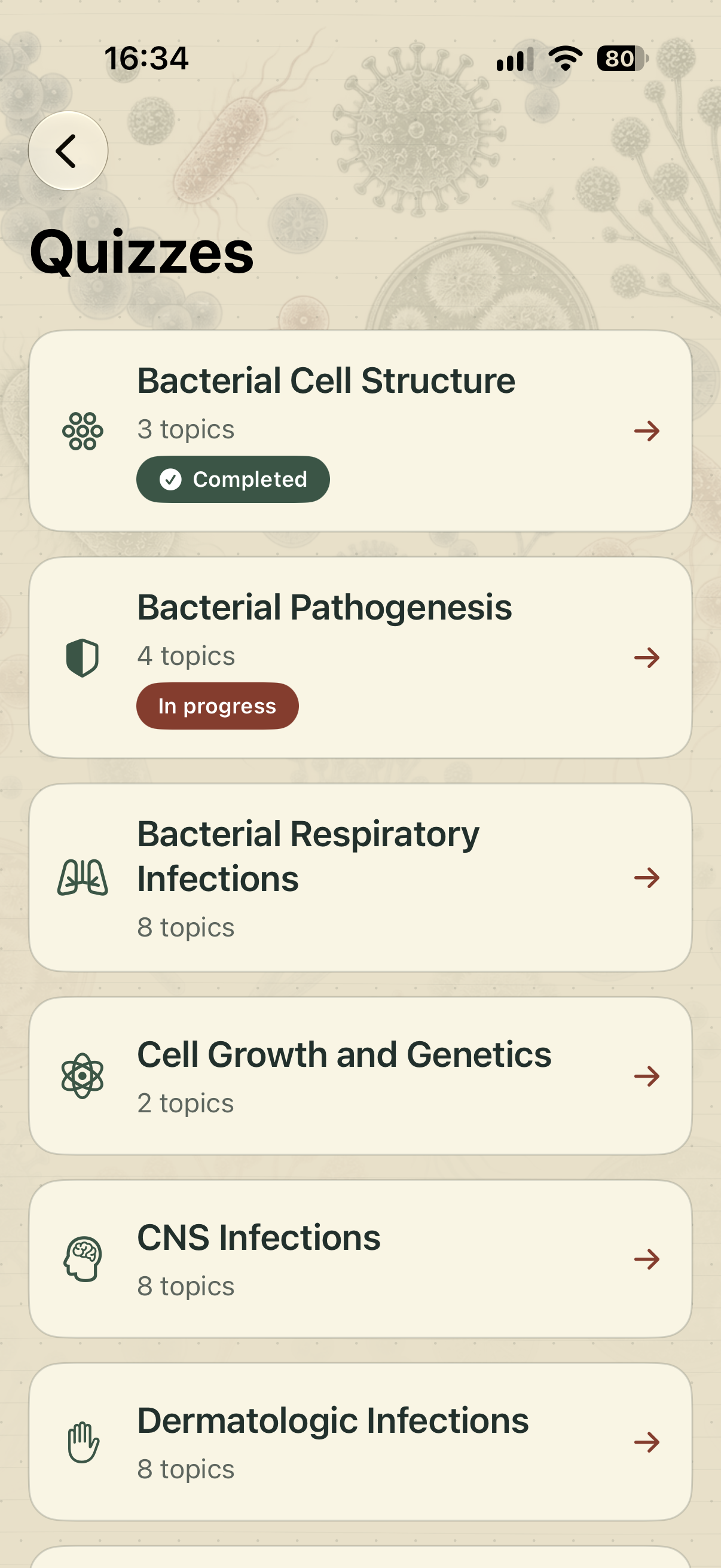 Quiz topics and study completion indicators